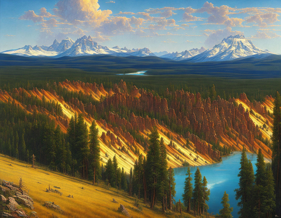 Scenic landscape painting of serene river valley