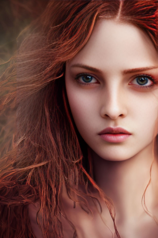 Woman with Striking Blue Eyes and Auburn Hair Portrait