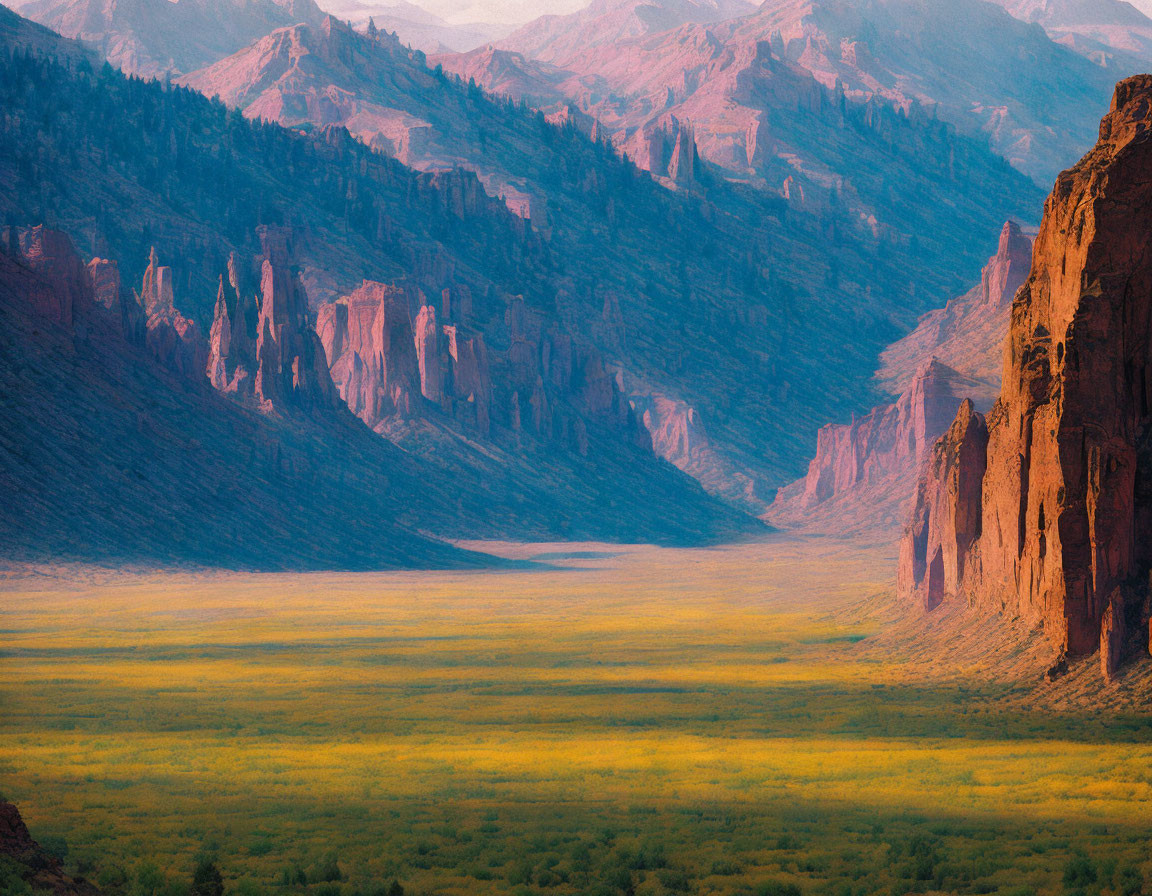 Scenic green valley with red rocks and purple mountains in soft light