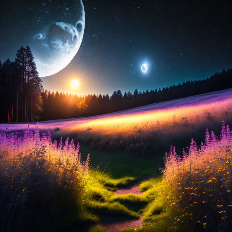 Nocturnal landscape with moon, stars, lit path, purple flowers, trees, twilight sky