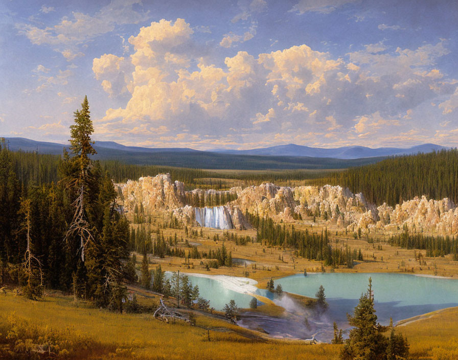 Tranquil landscape painting of vast forest, serene lake, geothermal features, and cliffs