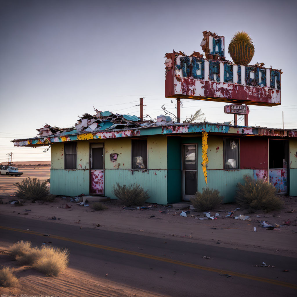 Abandoned roadside building with peeling paint and damaged sign in desert dusk