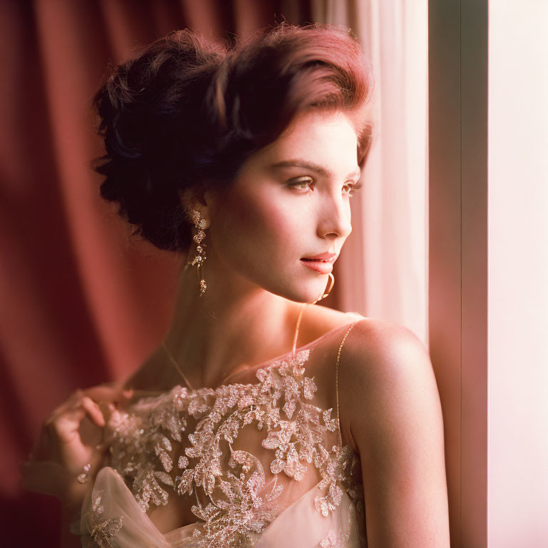 Elegant woman with updo admires view in warm light