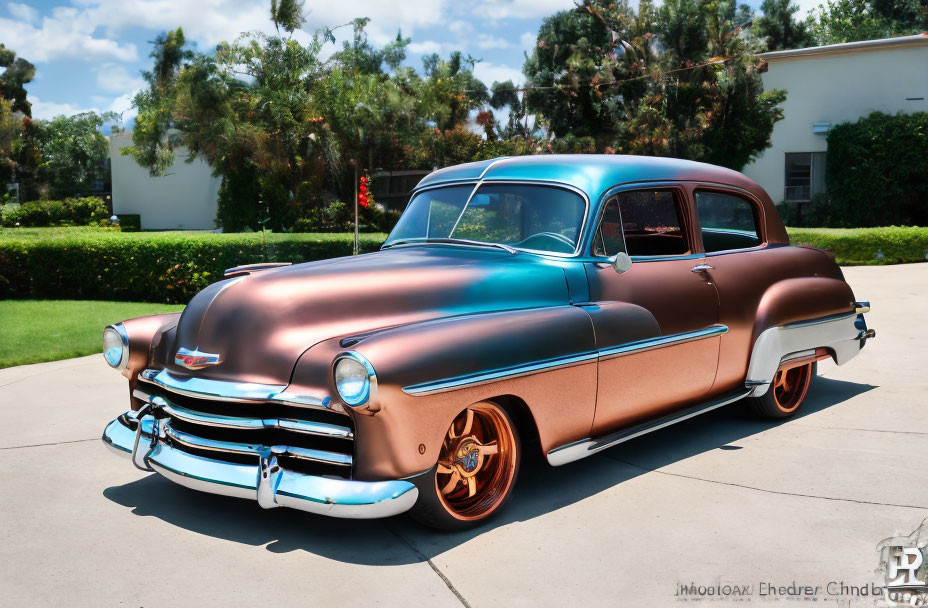 Classic Custom Car with Two-Tone Paint & Chrome Details