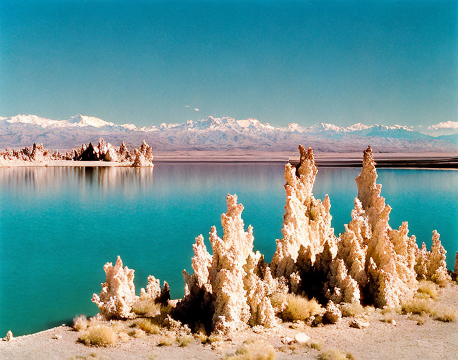 Tranquil landscape: deep blue lake, white mineral formations, clear sky, distant mountains