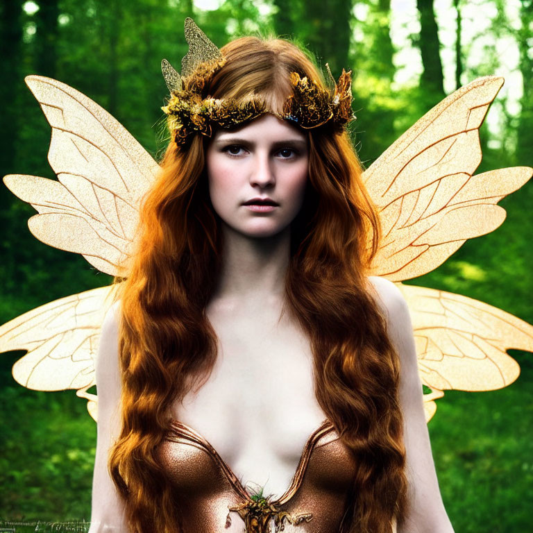 Red-haired fairy with golden crown and wings in green forest