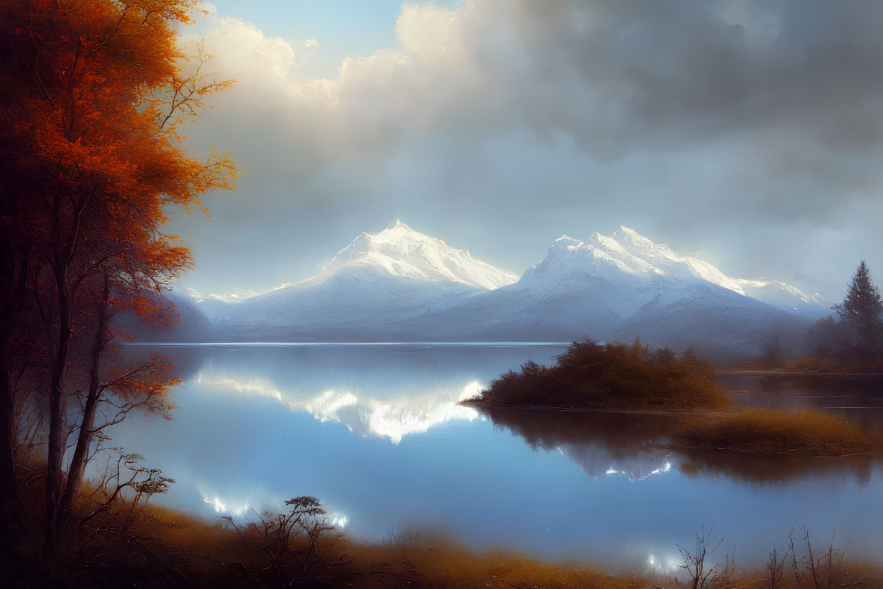 Snow-capped mountains reflected in calm lake amidst autumn foliage under dramatic sky