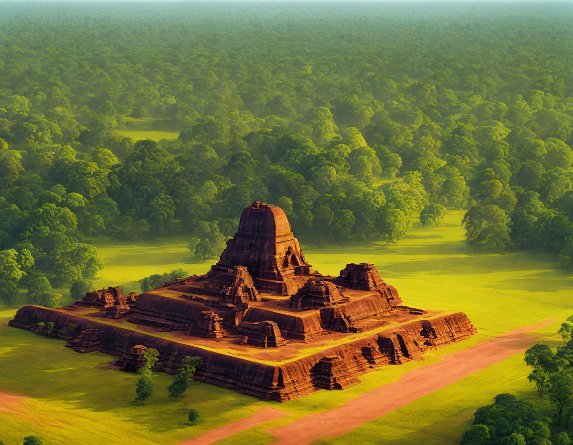 Ancient stepped pyramid temple in lush forest under warm sunlight