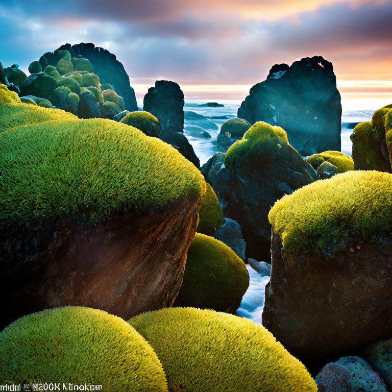 Sunset scene with moss-covered rocks, turbulent sea, and dramatic sky