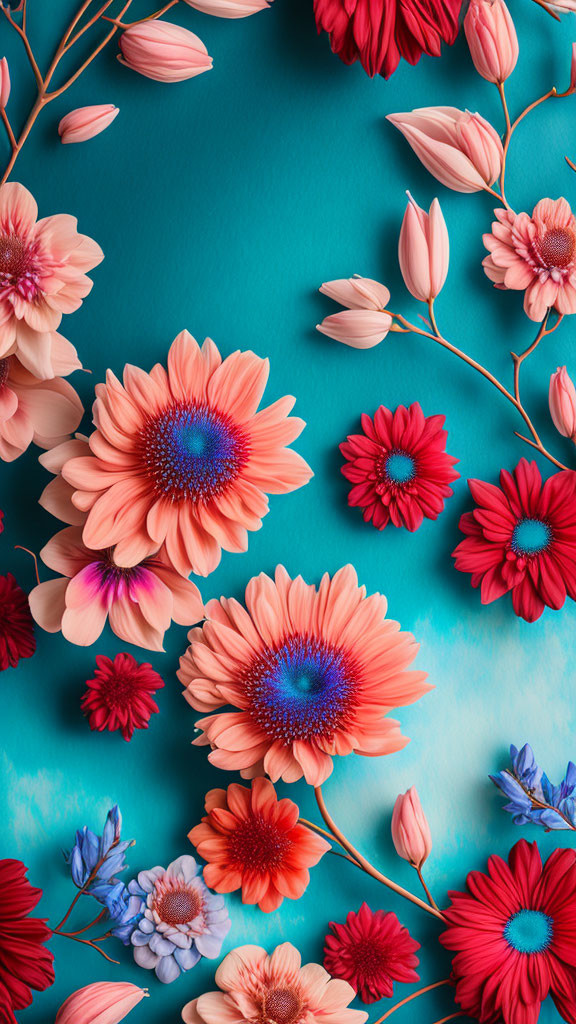 Colorful Floral Pattern on Teal Background: Red, Pink, Blue Flowers