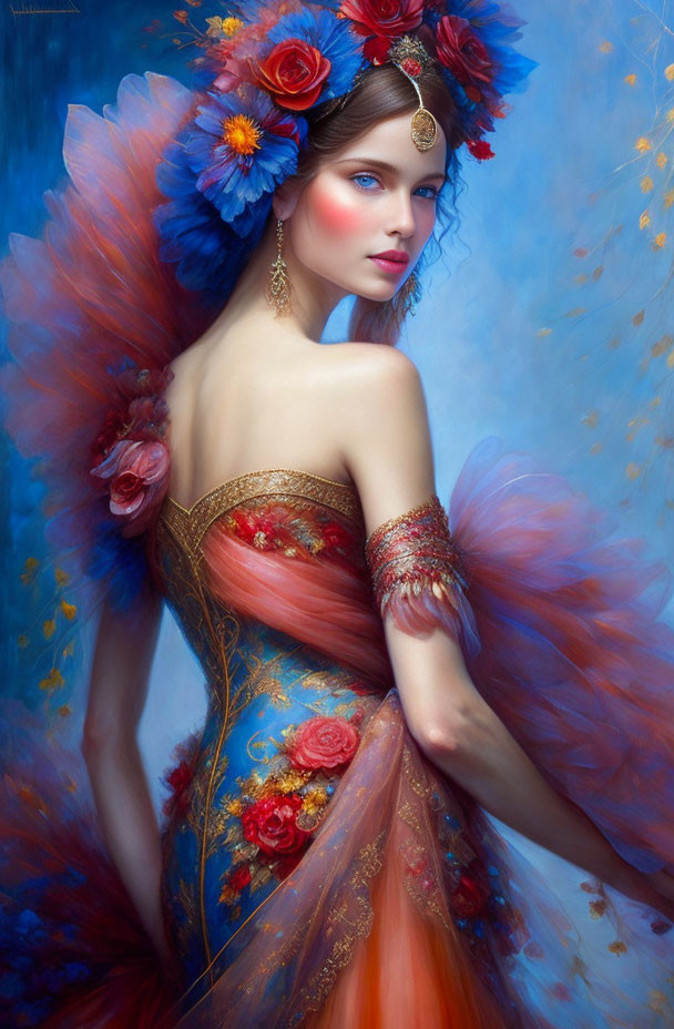 Fantastical woman in vibrant costume with floral hair, golden headpiece, and colorful wings.