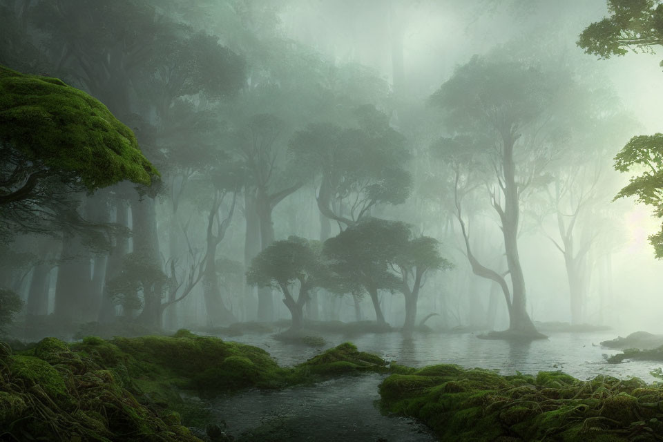 Ethereal forest scene with mist, sunlight, moss, and lush trees