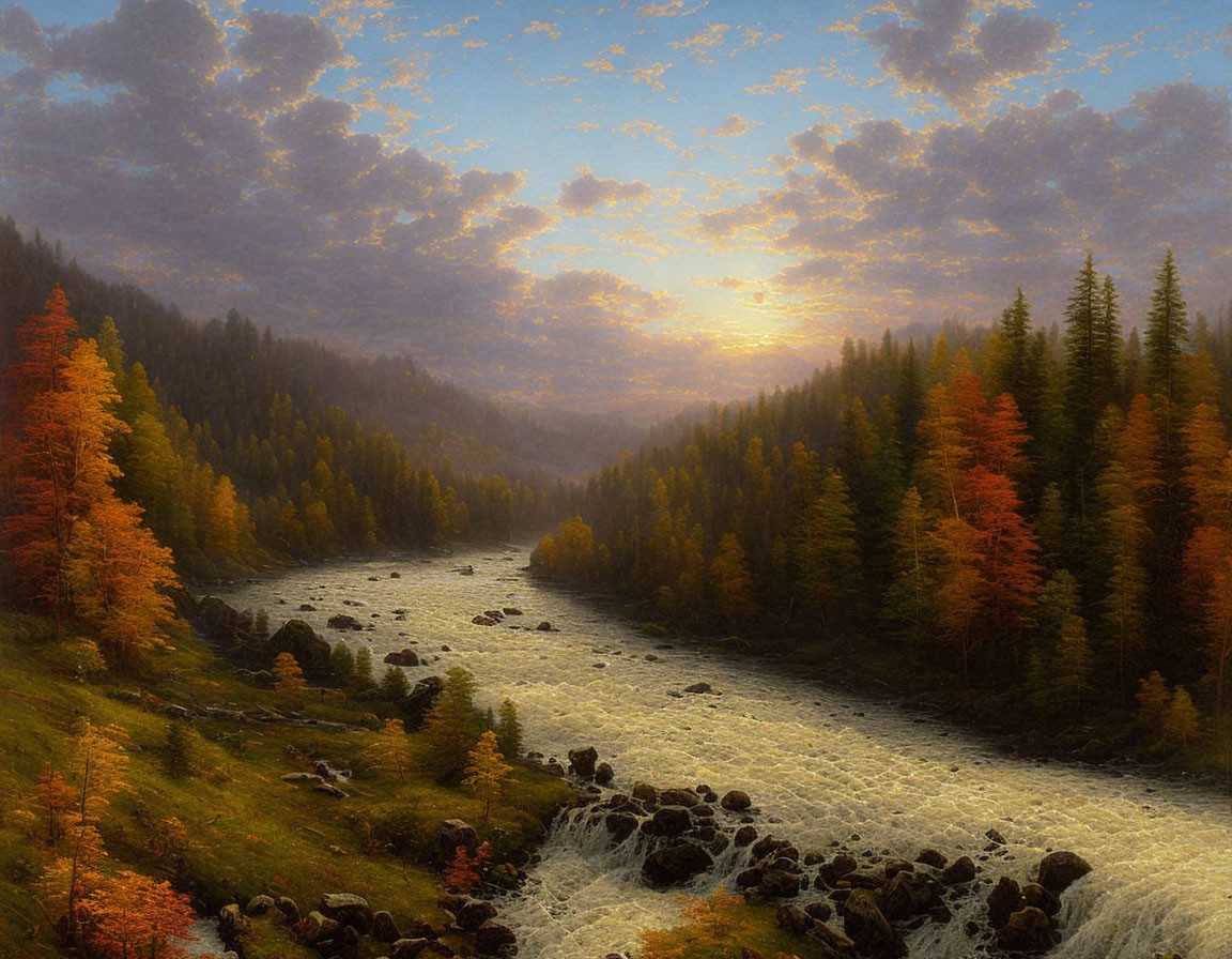 Tranquil autumn forest scene with river at sunrise