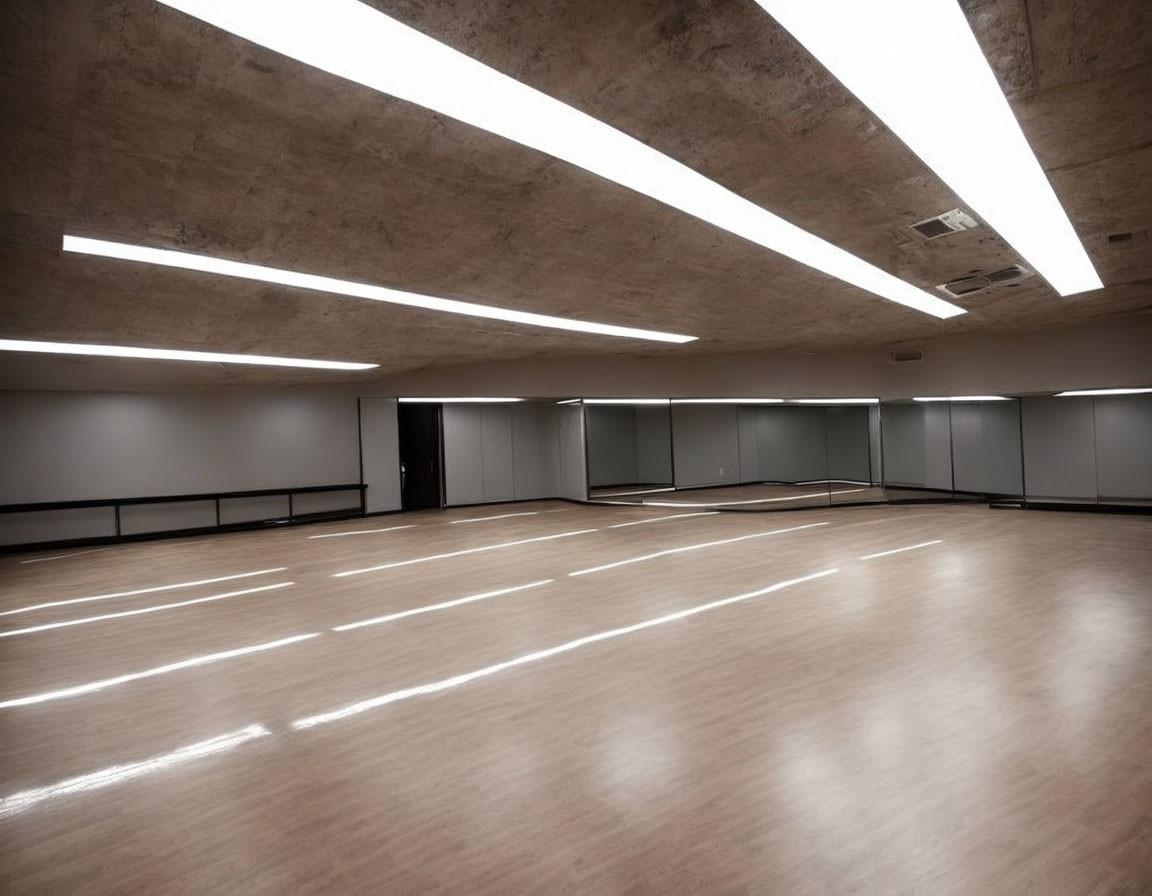 Empty Dance Studio with Mirrors and Ballet Barres