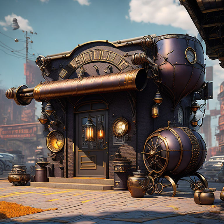 Steampunk-inspired building with round boiler, pipes, gauges, and vintage lanterns.