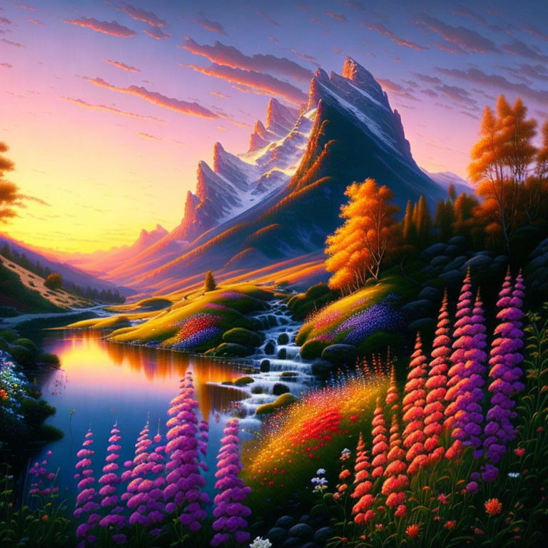 Colorful Sunset Landscape with Mountains, River, Waterfalls, and Flowers