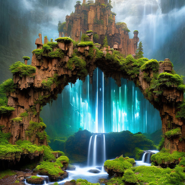 Mystical archway in lush greenery with waterfalls and glowing blue light