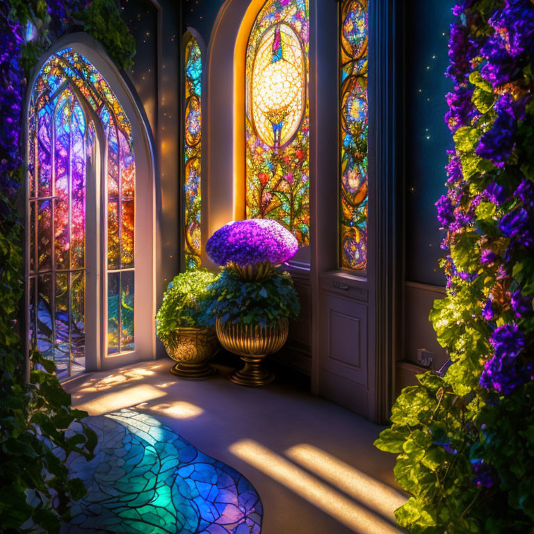 Colorful stained glass windows and purple flowers in a sunlit interior space.