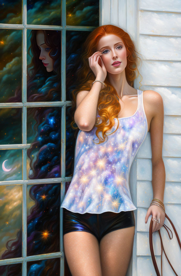 Red-haired woman in galaxy print top near cosmic windows.