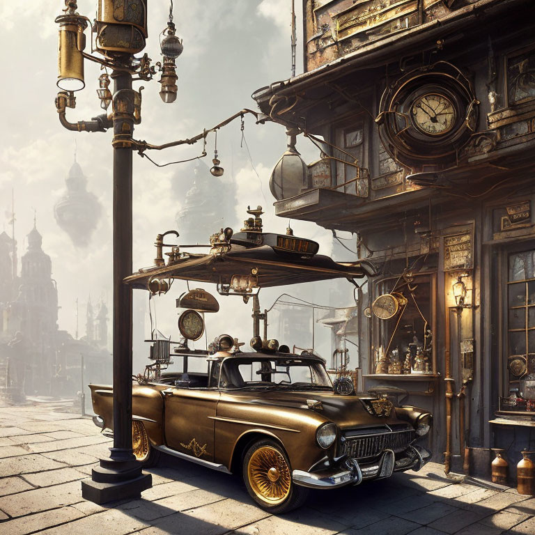 Vintage car on cobblestone street by lamp post and ornate building in steampunk setting.