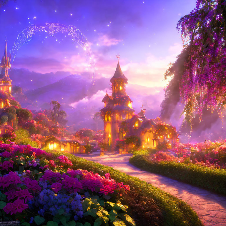 Whimsical fairy tale landscape with village, castle, flowers, lights, and purple sky