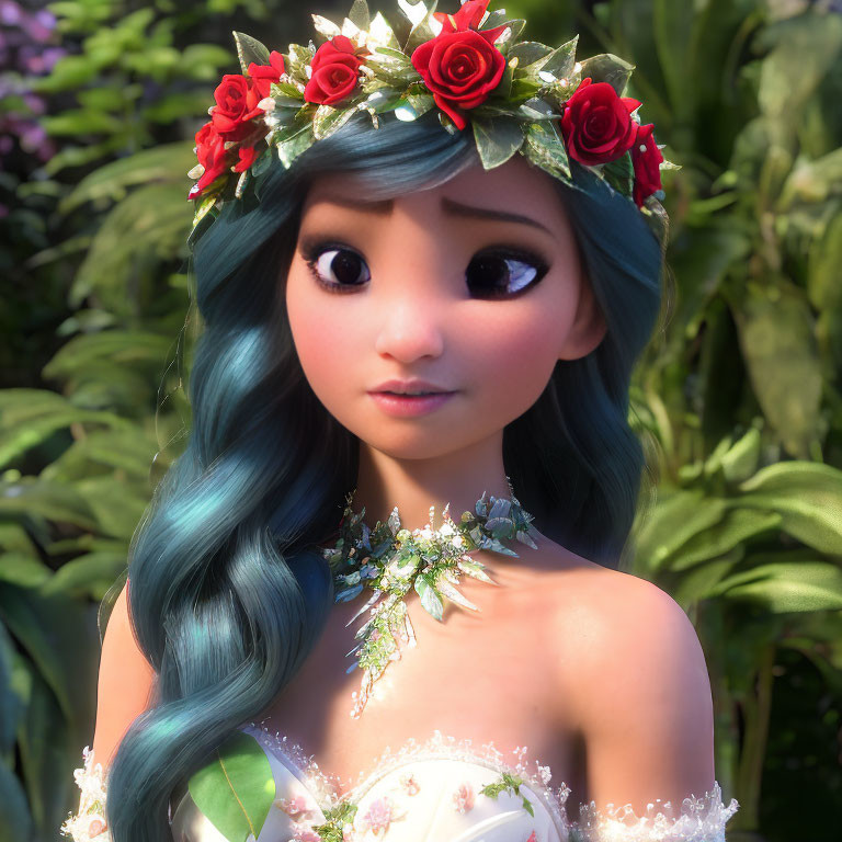 Teal-haired animated character with flower crown on floral backdrop