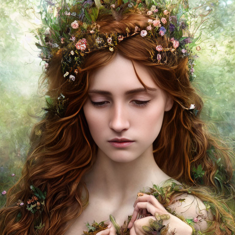Serene woman with long red hair and floral crown in nature portrait