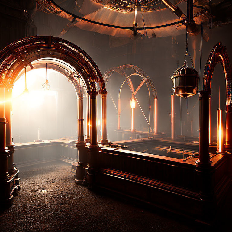 Steampunk interior with arched windows and brass structures