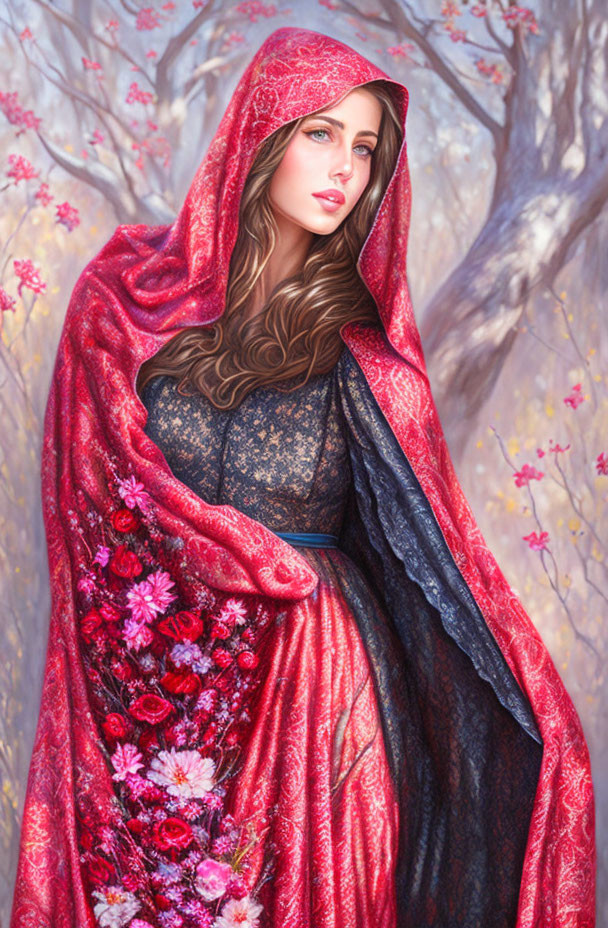 Woman in Red Hooded Cloak Surrounded by Trees