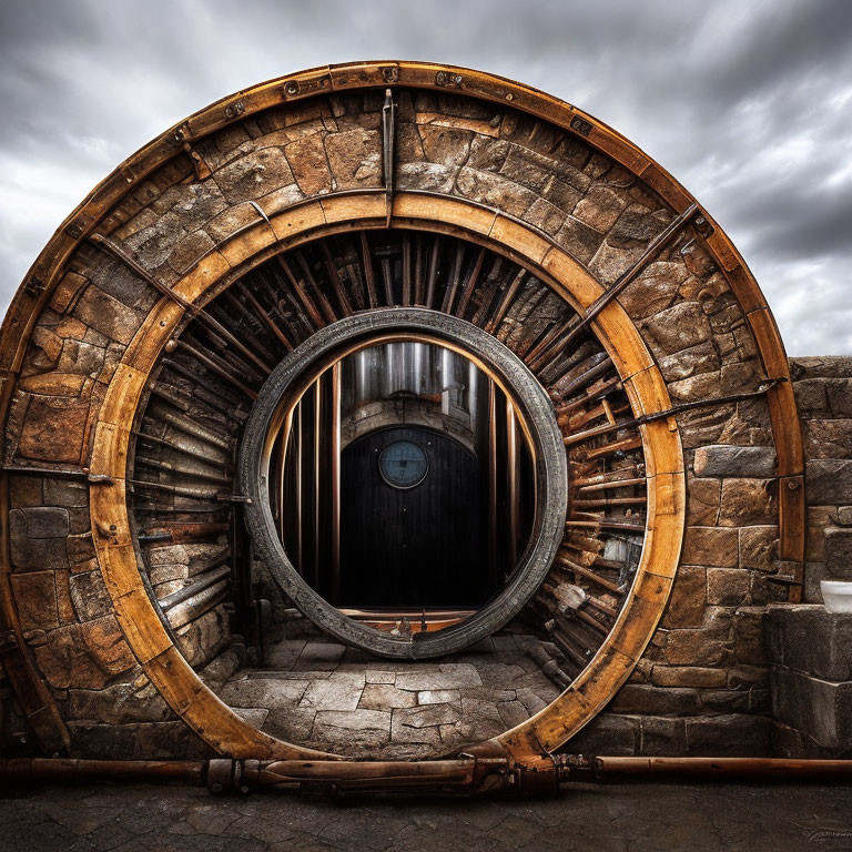 Circular Wooden Structure with Concentric Rings in Stone Wall Under Cloudy Sky