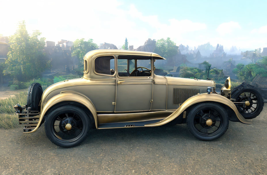 Vintage Golden Car Parked on Gravel Road