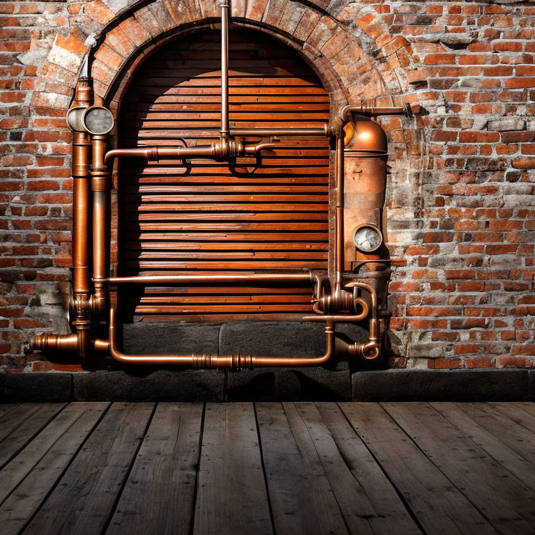 Copper piping on brick wall next to wooden bench and floor