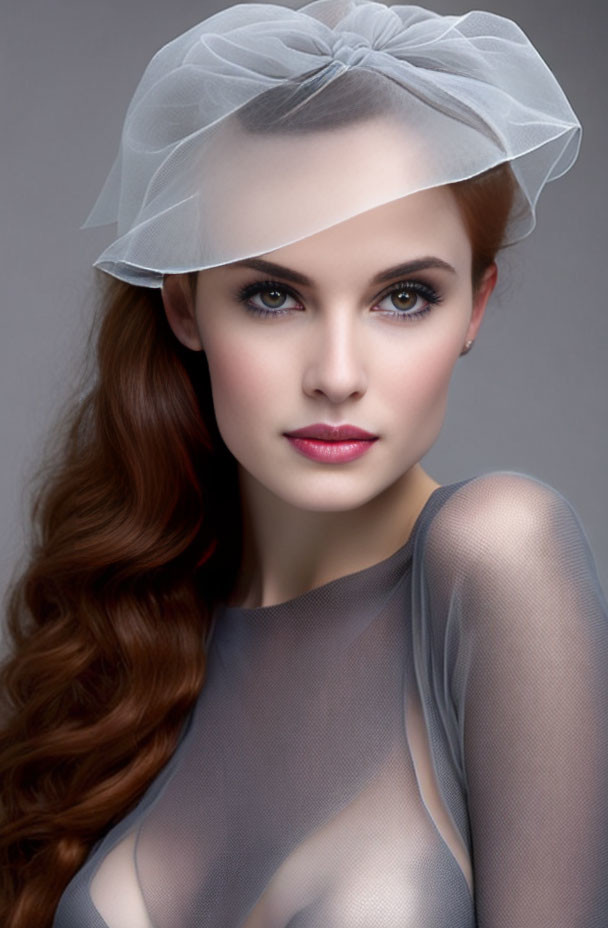 Woman with long wavy hair in sheer hat and top against grey background