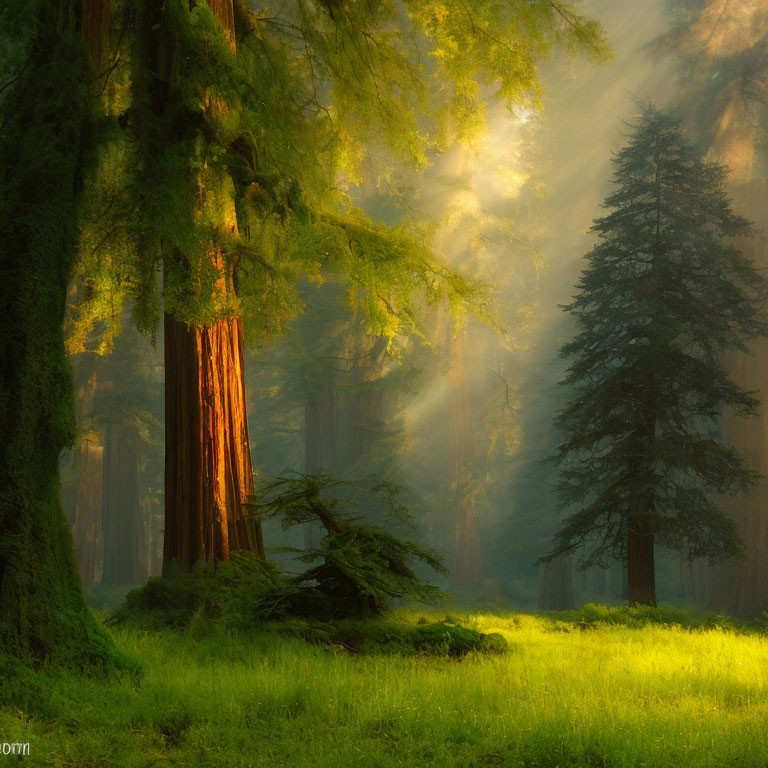 Sunlit misty forest at sunrise with vibrant green undergrowth.