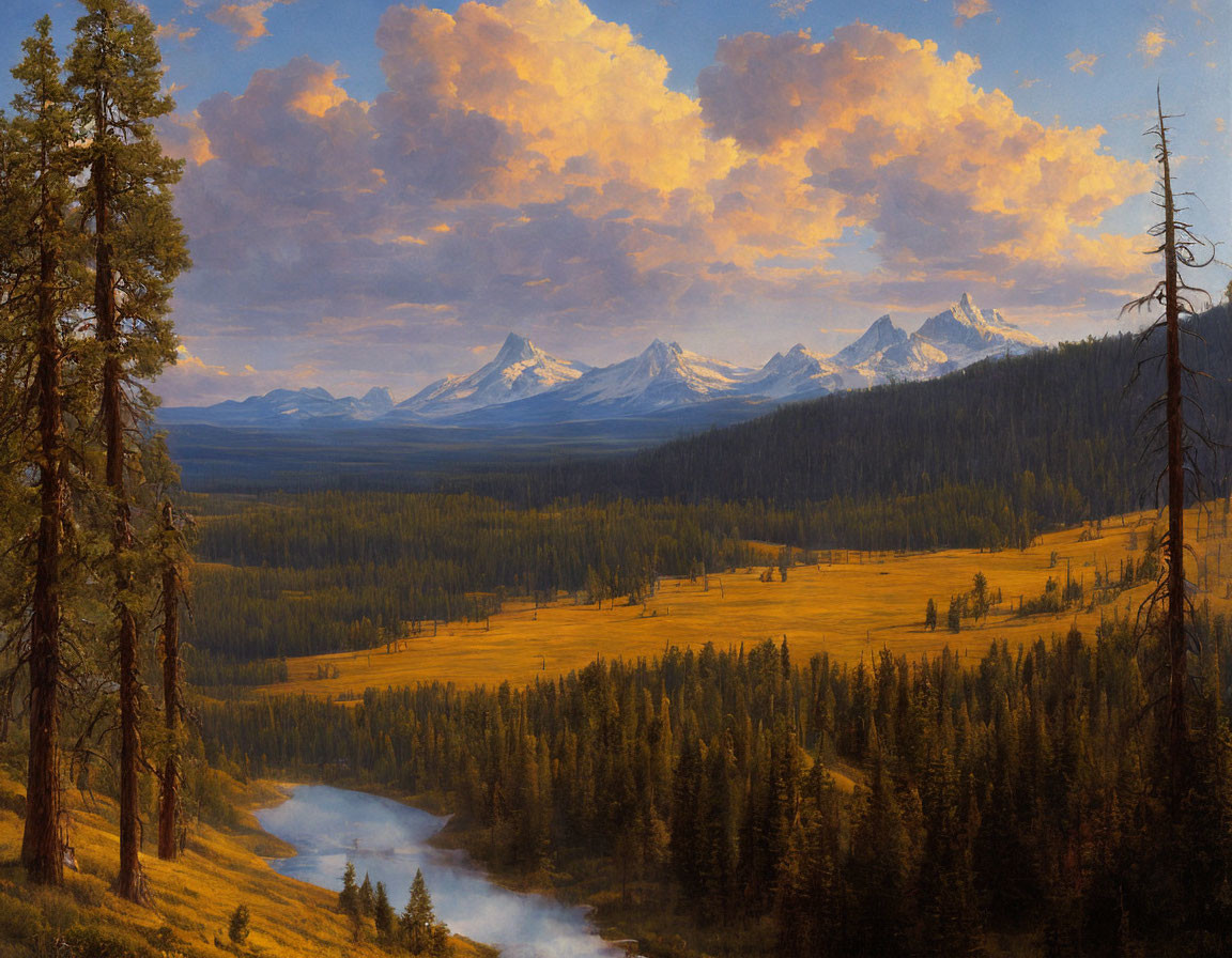 Scenic landscape with river, forests, meadows, and mountains