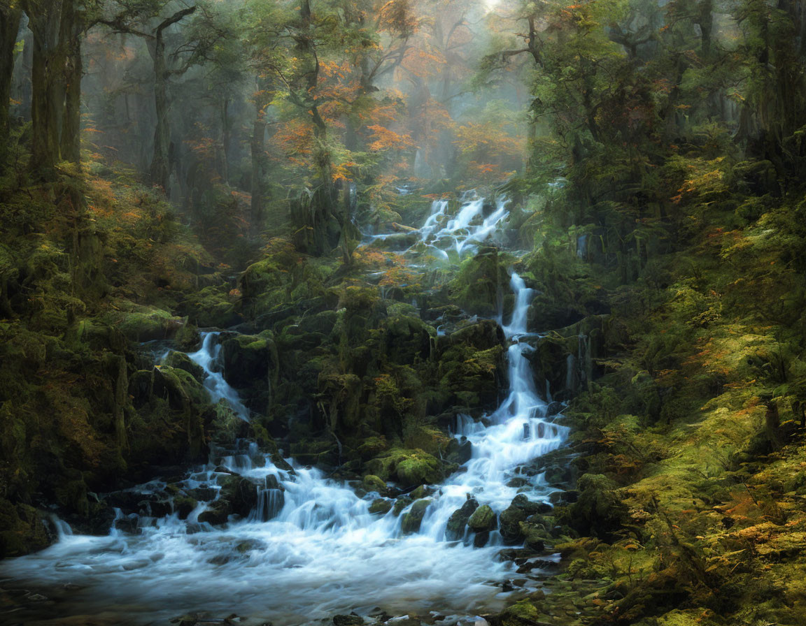 Tranquil forest scene with waterfall, mossy rocks, autumn trees in mist