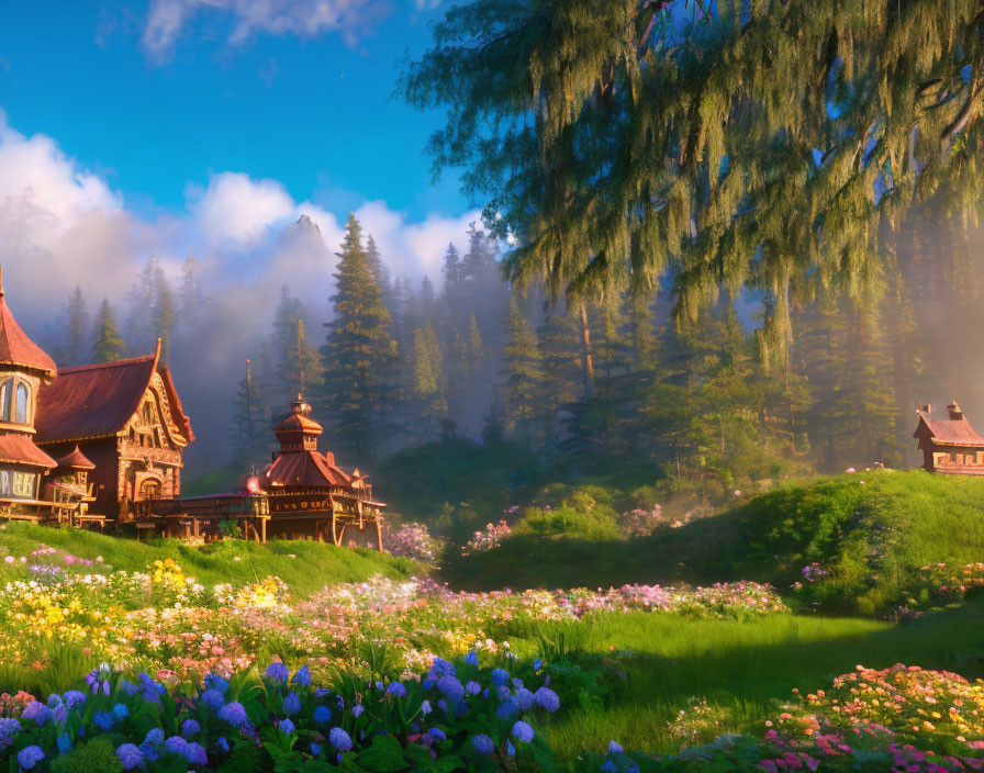 Whimsical village with ornate wooden houses and vibrant flowers