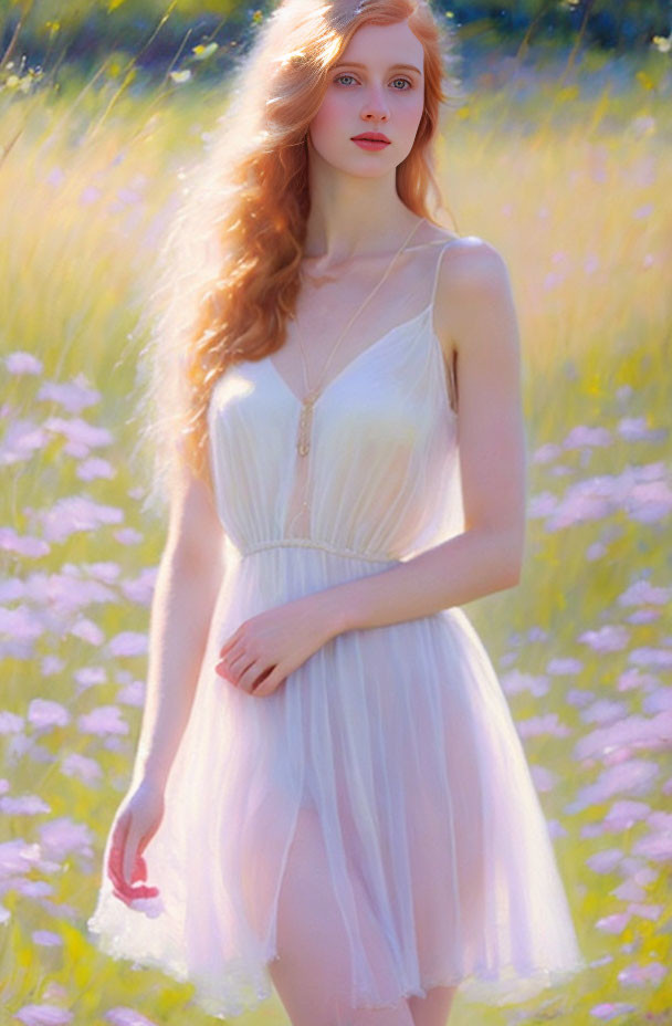 Red-haired woman in white dress surrounded by pink flowers in sunlit field