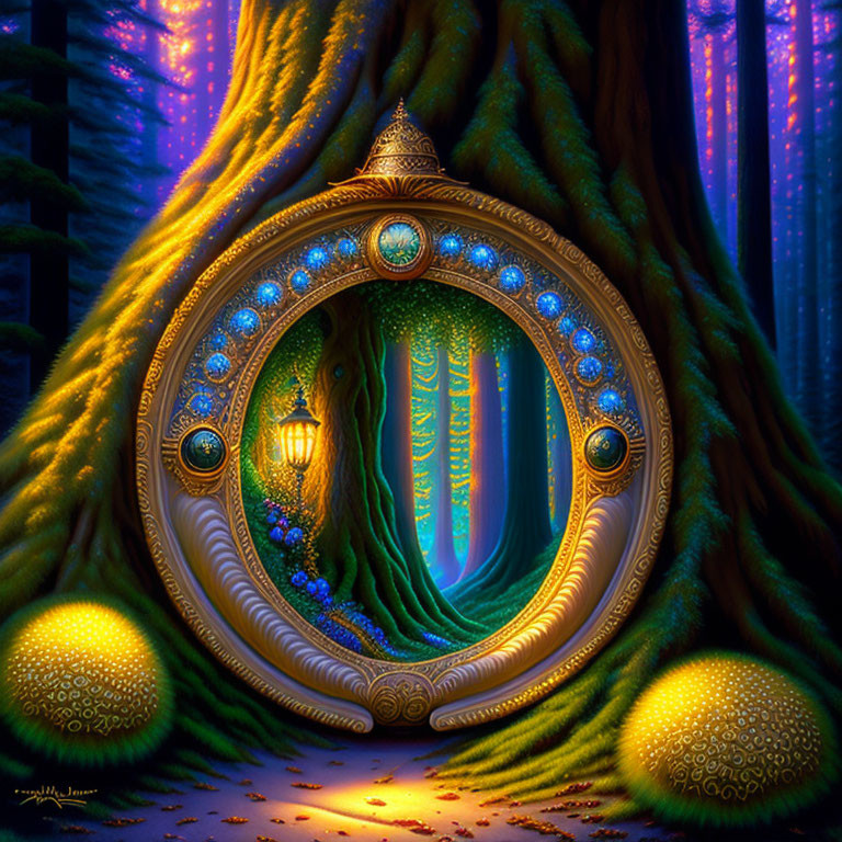 Enchanting forest scene with glowing oval-shaped doorway and luminous mushroom structures