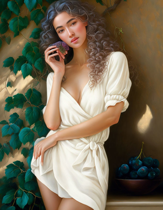 Curly-haired woman in white dress with phone by ivy wall, plums nearby