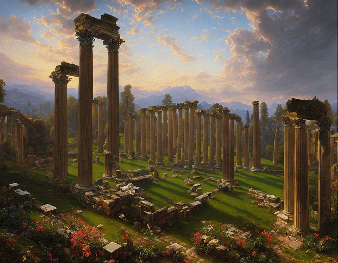 Ancient ruins painting: standing columns, scattered stones, dramatic sunset, lush vegetation