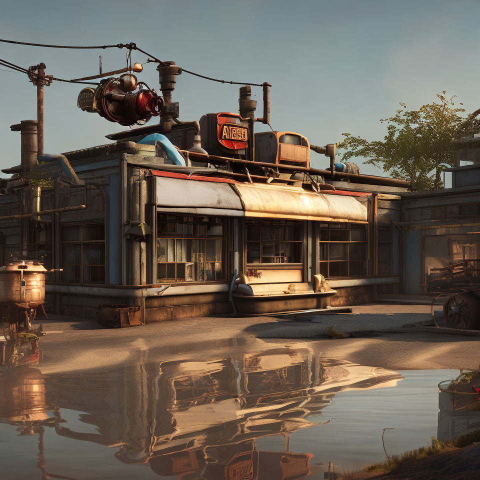 Weathered façade of old rustic diner reflected in sunlit street puddle with retro technology and vintage