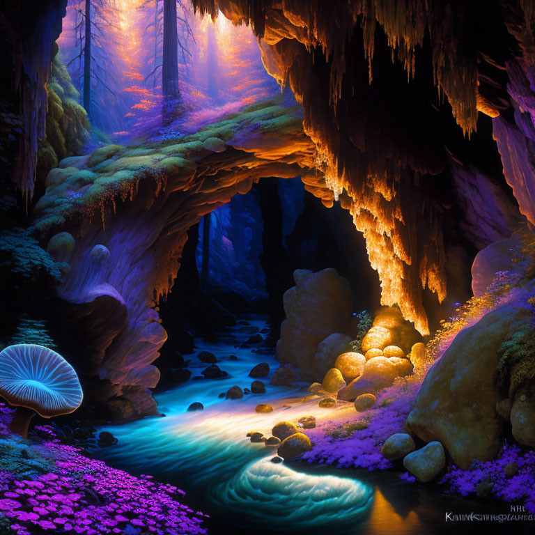 Mystical cave with glowing mushrooms and meandering stream