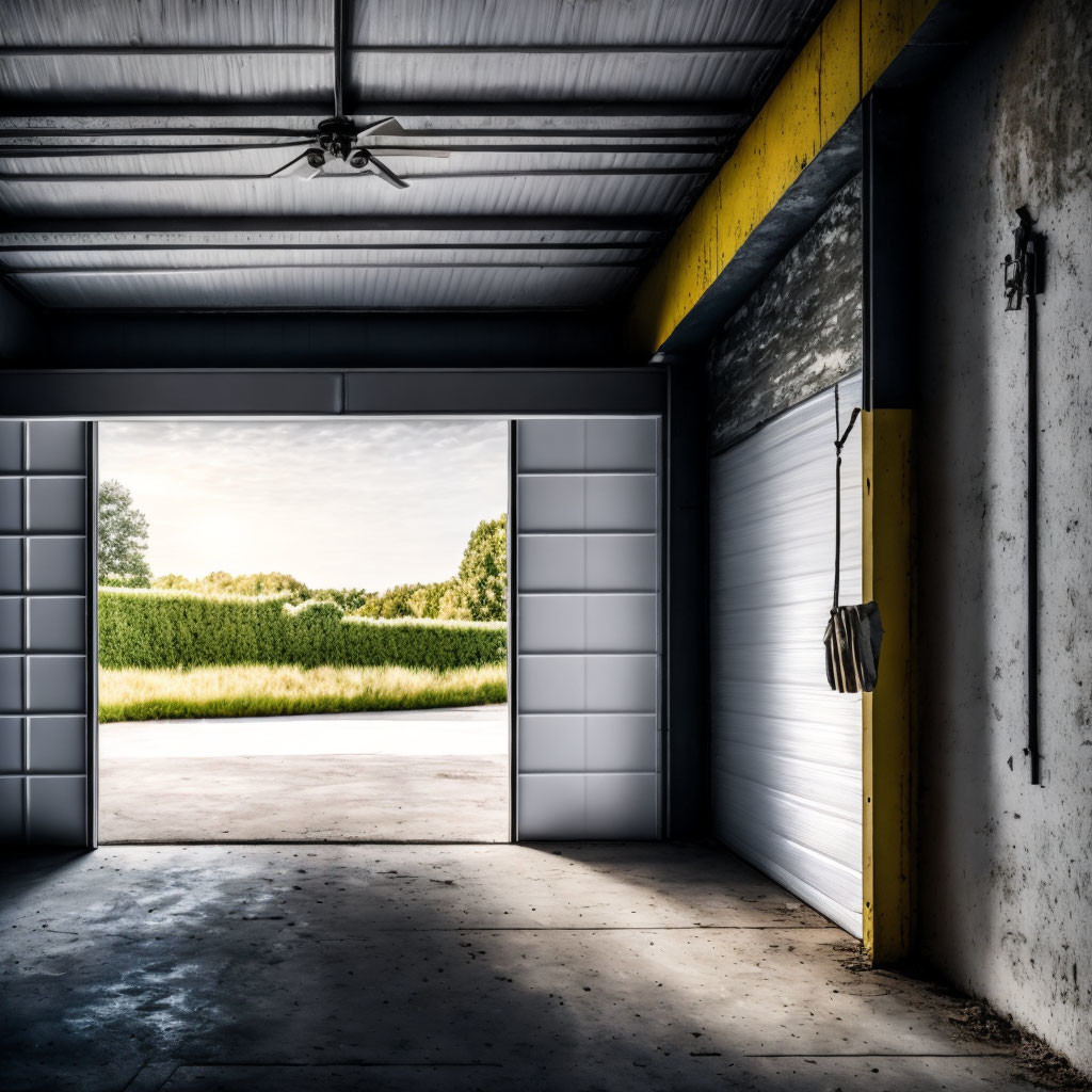 Industrial garage with open doors, lush green landscape, ceiling fan, concrete walls, and natural lighting.