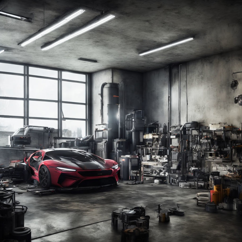 Red Sports Car in Messy Industrial Garage with Tools and Machinery