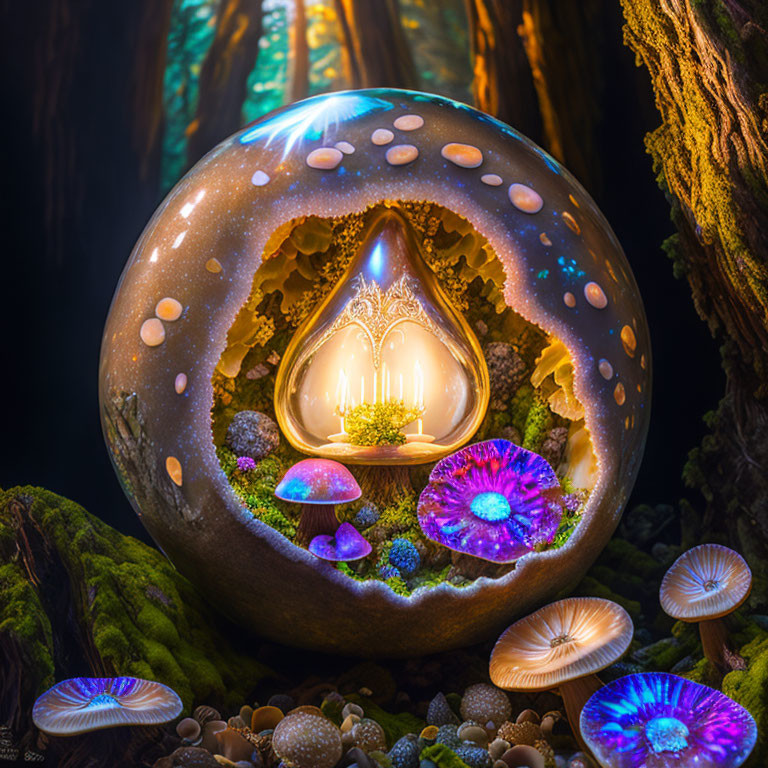 Glowing lantern in egg-shaped structure with luminescent mushrooms in mystical forest