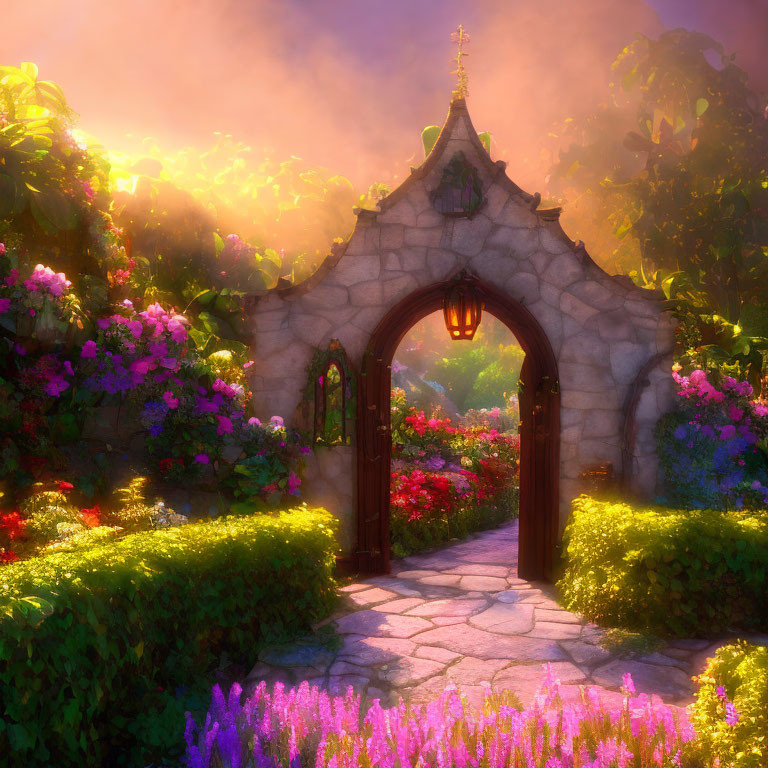 Vibrant garden with stone archway, colorful flowers, lantern, and sunlit background