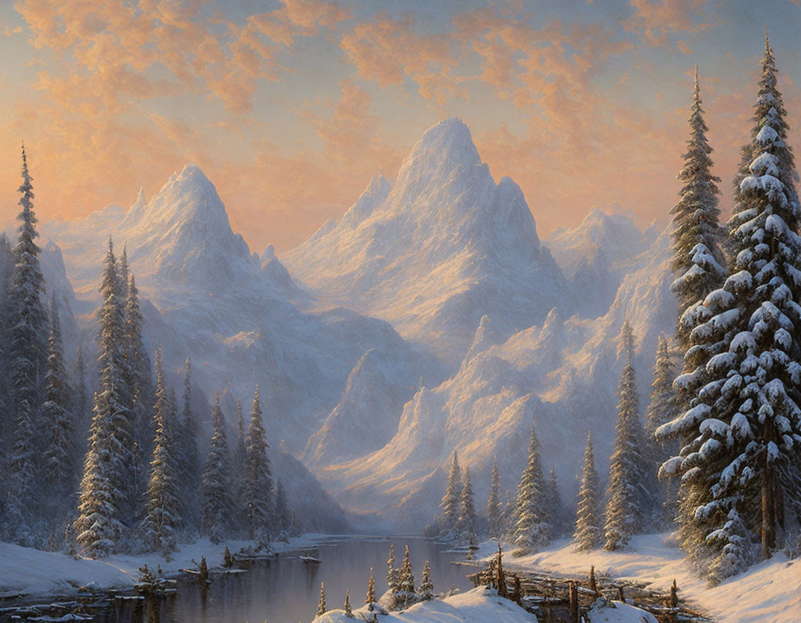 Snowy landscape with river, pine trees, and mountain peaks at dusk or dawn