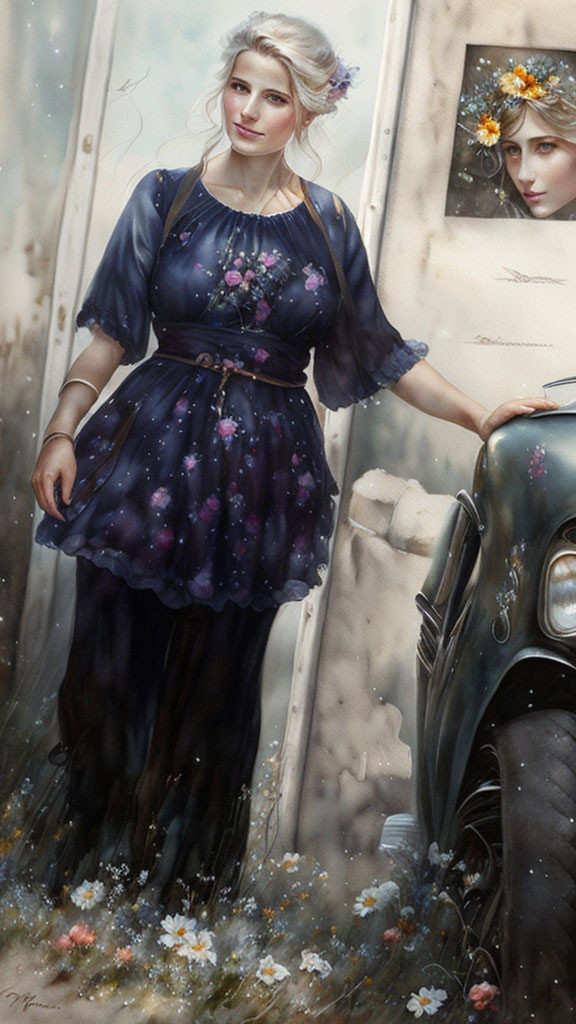 Woman in dark blue floral dress by old car in whimsical setting