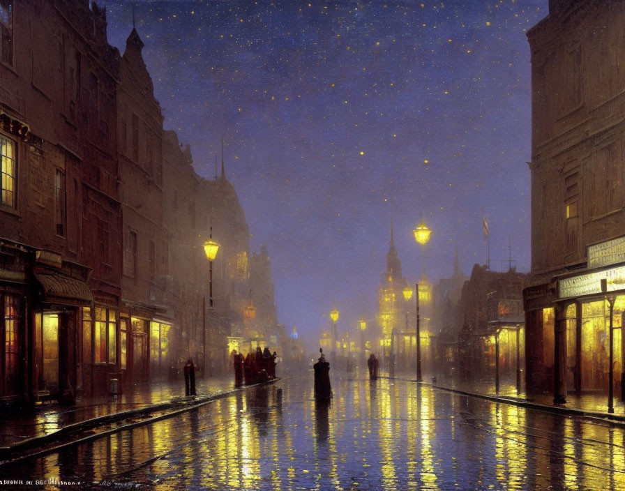 Victorian Era Street Painting with Rainy Night Atmosphere